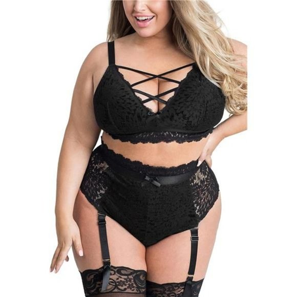 Sexy Women's Plus Size Black Floral Lace Lingerie  High Waisted Suspender Set - Picture 4 of 7